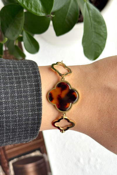 Premium Series Brand Model Large Leopard Clover Design Women's Steel Bracelet