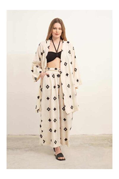 İpekçi Otantik | %100 Pamuk | Kuşaklı | Bordür Işlemeli | Kimono | Krem-siyah