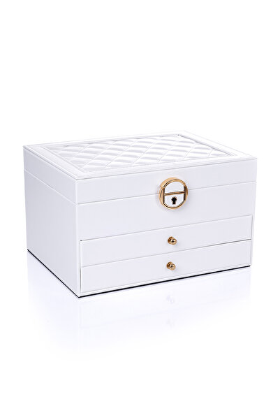 Ecrou Modern 2 Çekmeceli Takı Mücevher Kutusu Organizer Düzenleyici Beyaz 13 X 23 X 10 cm