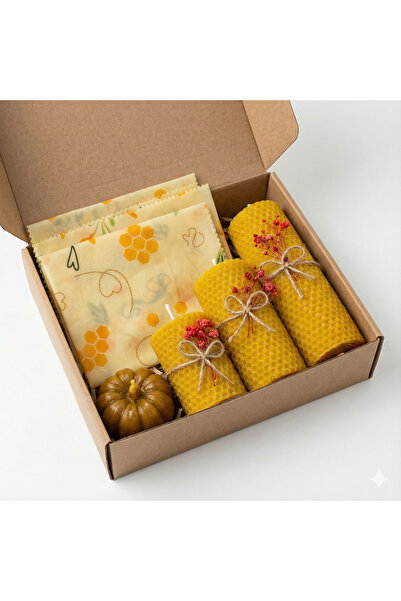 shopExxtra Dekoratif Doğal Petek Balmumu Mum- Arı Desenli Gıda Sargı Bezi ve  Bal Kabağı Çiçekli Set -Hediyelik