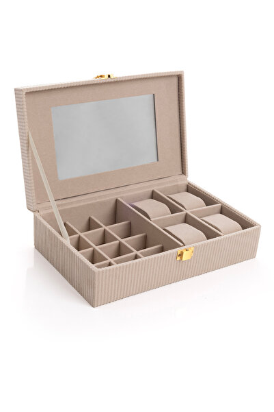 Ecrou Aynalı Ekru Fitilli Kadife Mücevher, Organizer, Takı Kutusu 25 X 16 X 7 Cm