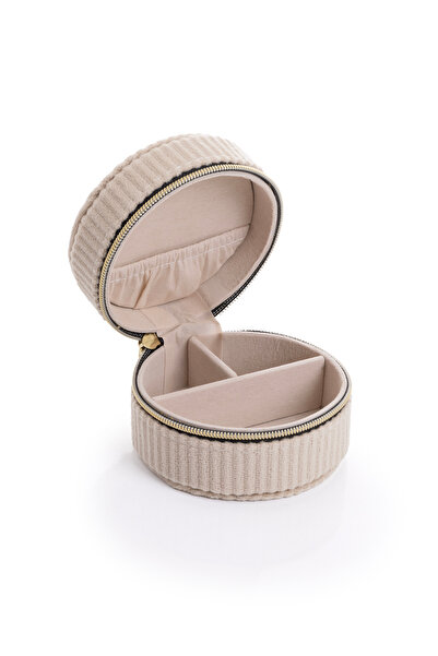 Ecrou Yuvarlak Kadife Takı Kutusu Ekru 8 x 8 x 5,5 cm