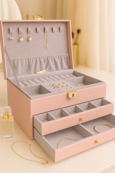 Ecrou 2 Çekmeceli Deri Görünümlü Kilitli Takı Kutusu Pembe