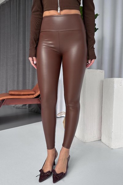 Mine Tan Butik Women's Leather Leggings with High Waist Recovery - Brown