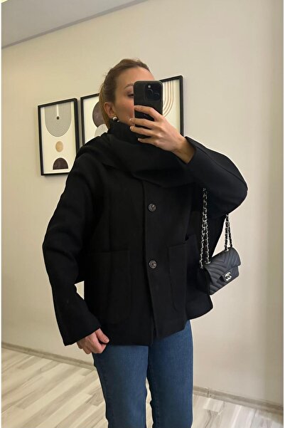 TB Butik معطف أسود مطرز بحزام عريض قابل للإزالة