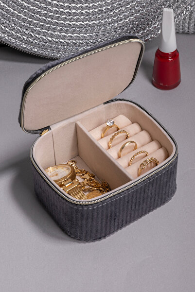 Ecrou Kare Çift Bölmeli Kadife Takı Kutusu Siyah 11,5X9,5X6CM