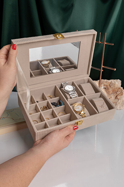 Ecrou Aynalı Ekru Fitilli Kadife Mücevher, Organizer, Takı Kutusu 25 X 16 X 7 Cm