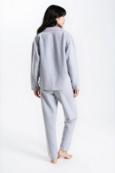 Ecrou Γυναικείο σετ πιτζάμες με μακρυμάνικο παντελόνι σε γκρι μελανζέ Waffle Panda Kingdom στρογγυλός γιακάς