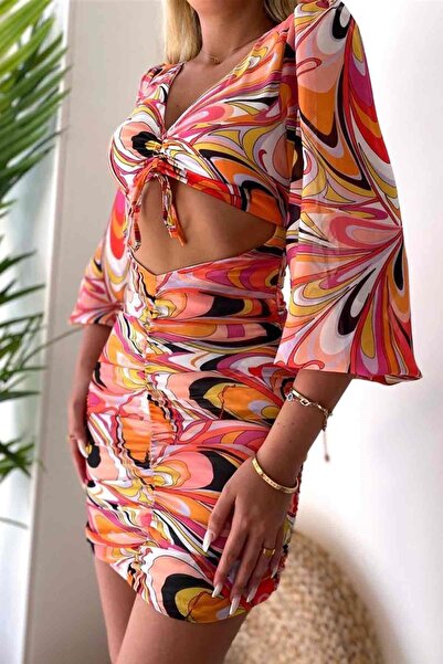 Mine Tan Butik Pembe Uzun Kollu Şifon Mattea Kadın Elbise