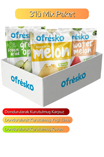 Ofrésko مجموعة متنوعة من رقائق الفواكه المجففة مكونة من 3 قطع - تفاح أخضر مجفف بالتجميد، البطيخ، البطيخ المجفف