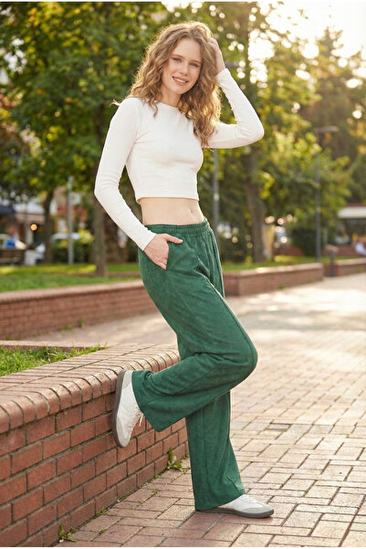 Avones Γυναικείο παντελόνι με φαρδύ πόδι με πράσινο σχέδιο μπατίκ με τσέπες με λαμπρύ μπροστινό μέρος