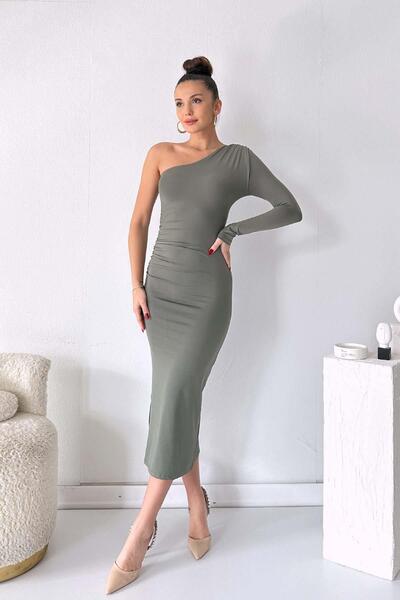 Mine Tan Butik Haljina sa jednim rukavom i jednim ramenom Modal - zelena