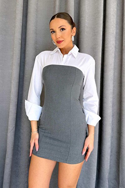 Mine Tan Butik Gömlek Yaka Straplez Detaylı Kadın Elbise - Gri