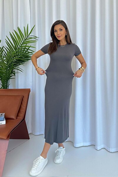 Mine Tan Butik Сіре модальне плаття - велосипедний комір, короткий рукав