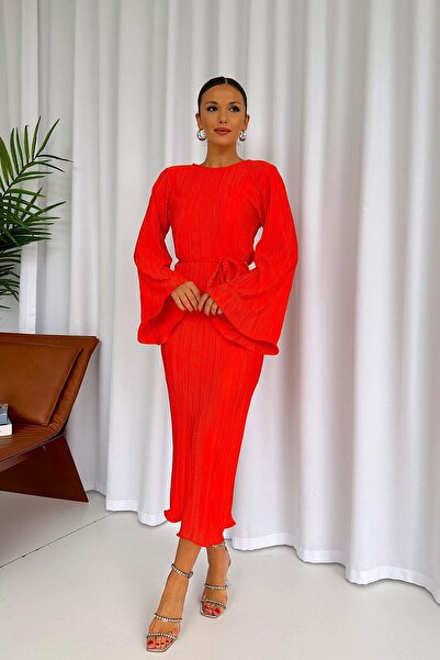 Mine Tan Butik Помаранчева плісирована жіноча сукня з довгим рукавом