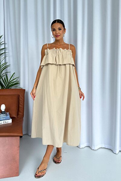Mine Tan Butik فستان نسائي باللون البيج - تصميم مطوي من الأمام