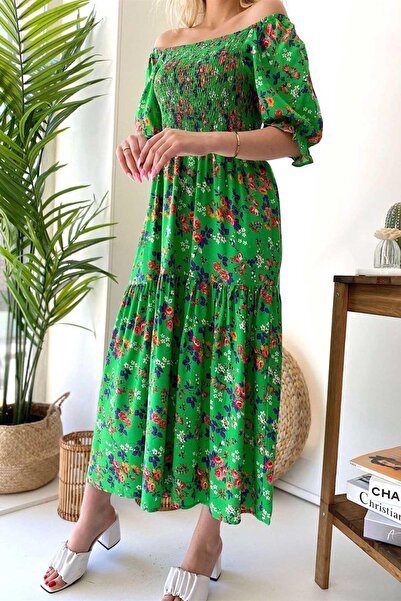 Mine Tan Butik Rochie evazată cu mânecă scurtă cu decolteu în U - verde