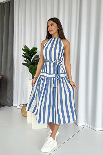 Mine Tan Butik Plava Prugasto Lan Dugačka ženska haljina - Dikine