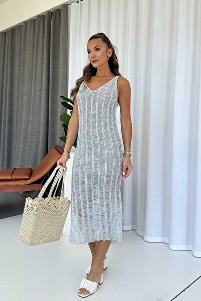 Mine Tan Butik Sa ajurom V-izrez Sa prorezom Žene Pletena haljina - Siva
