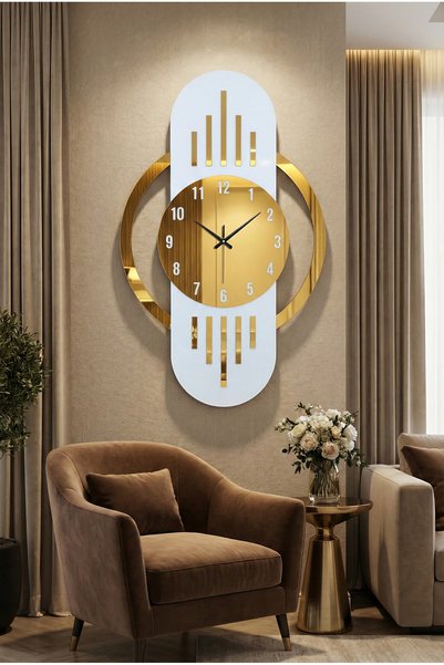 AA Shop Beyaz Renk Gold Altın Sayılı Yılbaşı Hediyelik Ahşap Dekoratif Sessiz Büyük Boy Duvar Saati 70cm