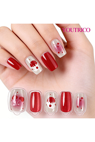 Youtrico 30 أظافر صناعية شبه يدوية، فيونكة كرزية، ممزوجة، أظافر نسائية