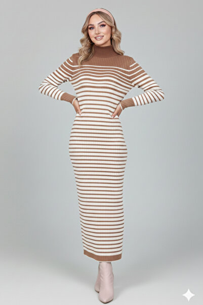 benguen 6143 Model Mink Turtleneck Striped Knitwear Dress