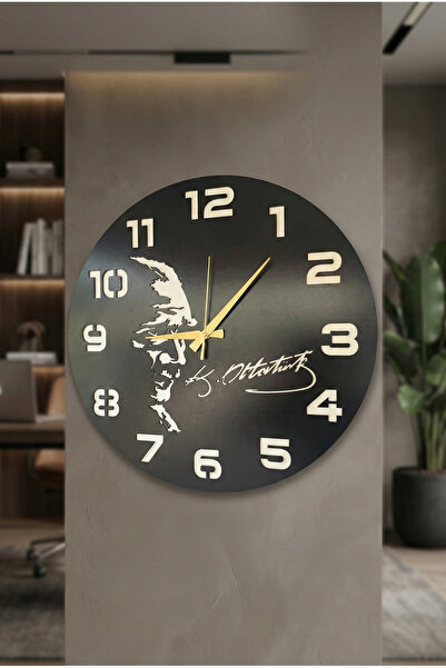 AA Shop Atatürk Imza Ahşap Siyah Renk Sade Sayılı Öğretmen Yılbaşı Hediyelik Sessiz Duvar Saati 50cm