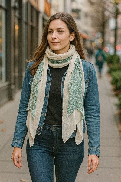 Gönülden Tasarım 170X25 Cm Triko Ve Çiçekli Şifon Tasarım Fular Şal