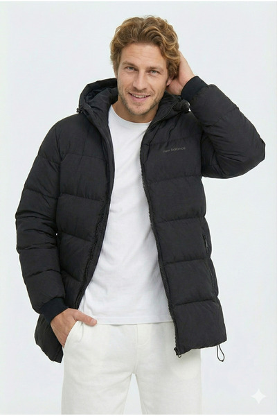 New Balance NB Ανδρικό Puffer Jacket με κουκούλα μαύρο χειμωνιάτικο πουπουλένιο παλτό