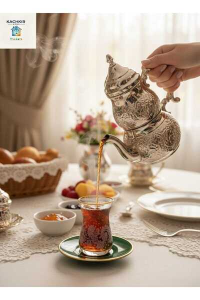 Pasabache Paşabahçe Heybeli İnce Belli Çay Bardağı Çay Seti Tabak Çeyiz Seti Yeşil mat altınlı