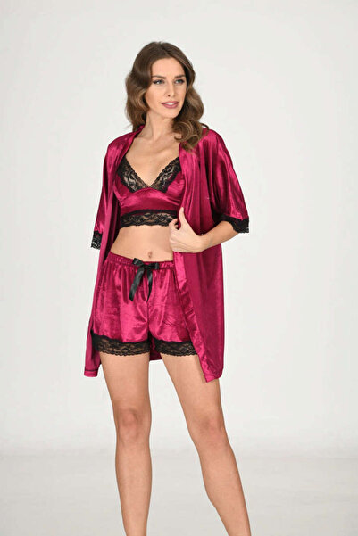 Sistina Σετ φορέματος και νυχτικού από βελούδο φούξια SPTRNS 3 τεμαχίων - 143...