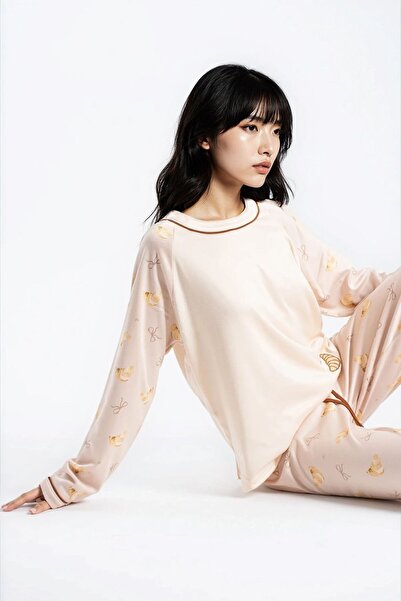 Ecrou Γυναικείο σετ πιτζάμες με λαιμόκοψη Mocha Study Cafe Looks Bis