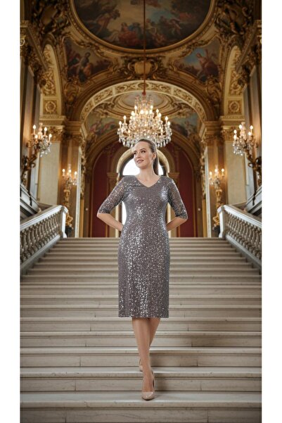 Nidya Moda Büyük Beden Kadın Gri Payet Desen V Yaka Abiye Elbise-4009pg