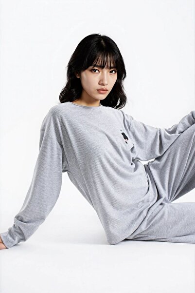 Ecrou Γυναικείο σετ πιτζάμες με μακρυμάνικο παντελόνι με υφή πλέξη ριμπ από την Seoul, γκρι μελανζέ