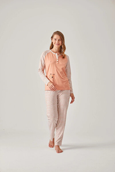 Pamuk & Pamuk Turuncu Çizgili Raglan Kol Baskılı Modal Pamuk Kadın Pijama Takımı