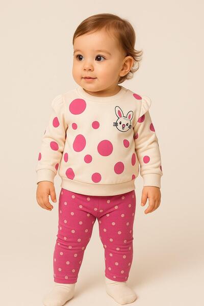 dinamik çocuk Baby Girl Polka Dot Cute Rabbit Patterned 2-Piece Set Transitio...