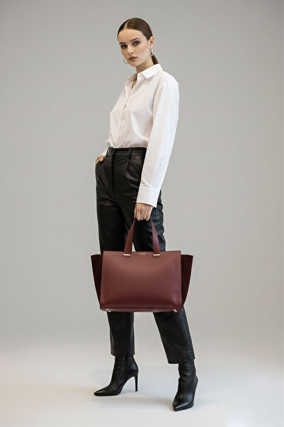 Deriderim Burgundy Genuine Leather Suede Combination Large Tote Bag
