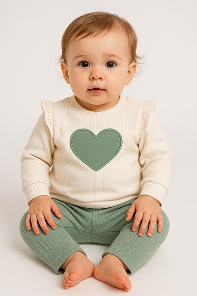 dinamik çocuk Kız Bebek Kalp Desenli Kol Detaylı 2li Alt-Üst Sweat ve Eşofman...
