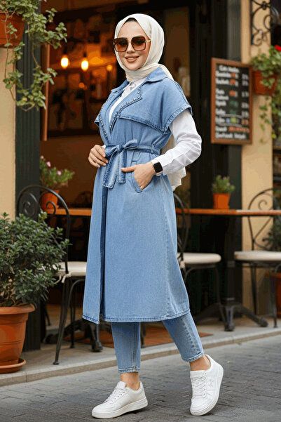 Neva Style Bead Embroidered Dark Blue Hijab Vest 6572Km