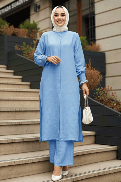 Neva Style طقم حجاب أزرق للأطفال مكون من قطعتين - زر 12591BM