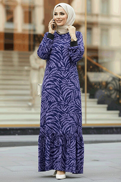 Neva Style Φόρεμα Hijab με σχέδιο φύλλων λεβάντας 22970LV