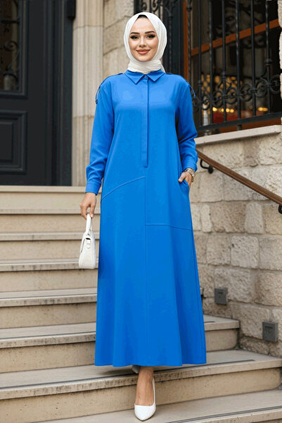 Neva Style Rochie Hijab Albastră - Detaliu Nasturi, Model 12501M