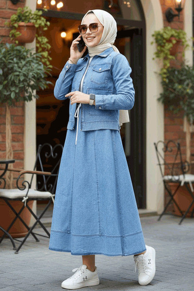 Neva Style Ceketli Mavi Tesettür Etekli Kot İkili Takım 44641M