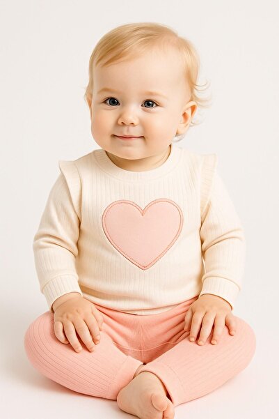 dinamik çocuk Baby Girl Heart Patterned Sleeve Detailed 2-Piece Top and Botto...