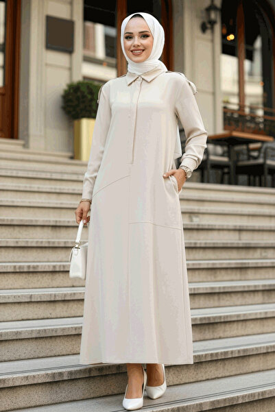 Neva Style Rochie Hijab Bej - Detaliu Nasturi, Model 12501BEJ