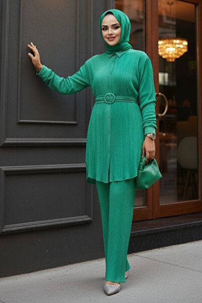 Neva Style Set dublu Hijab plisat verde - 100044 Y