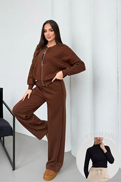 Mezka Kadın Şardonlu Fermuar Detaylı Üç Iplik Kışlık Kahve Eşofman Takımı