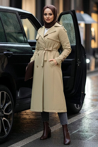 N.S NEVA STYLE معطف طويل إسلامي بحزام بلون الكاكي الفاتح 62481AHK