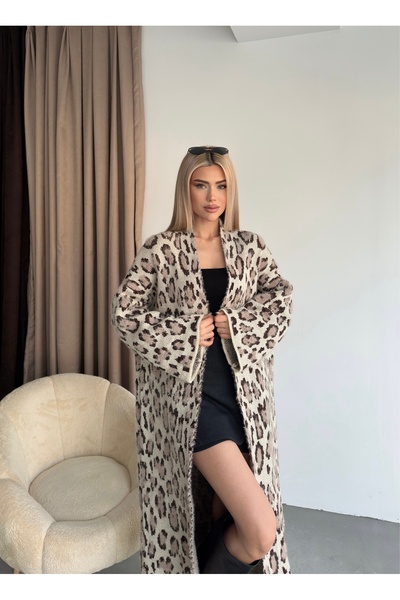 Genel Markalar Kadın Leopar Desenli Uzun Hırka