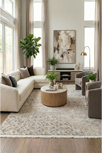 Raschel Carpet Premium Seri Bej Akrilik Jüt Taban Doğal Halı Yolluk Oturma Od...